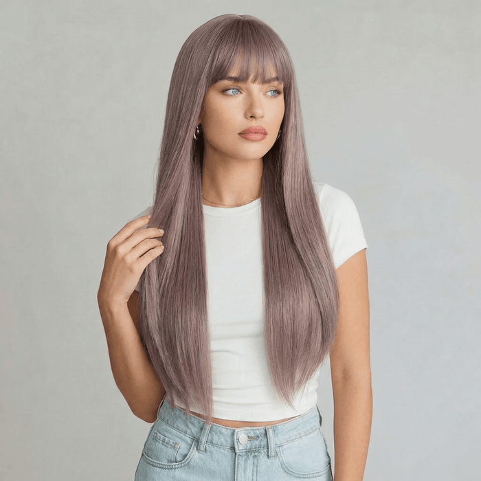 Piper long light purple wig with bangs showcased on a model with a sleek finish and full fringe.