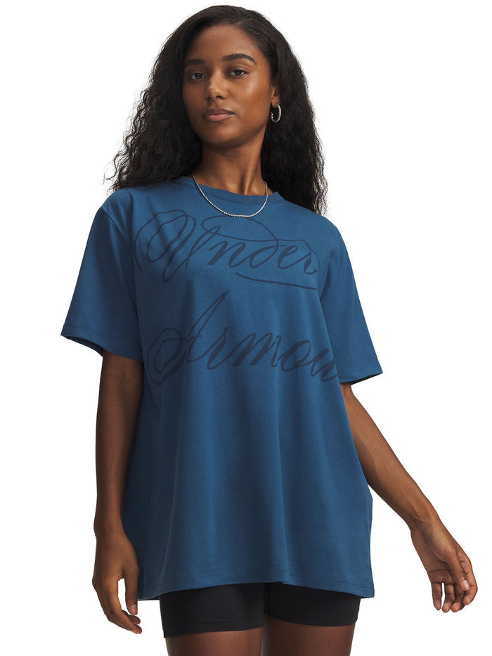 UA W Oversized Script SS Polera Manga Corta azul para mujer