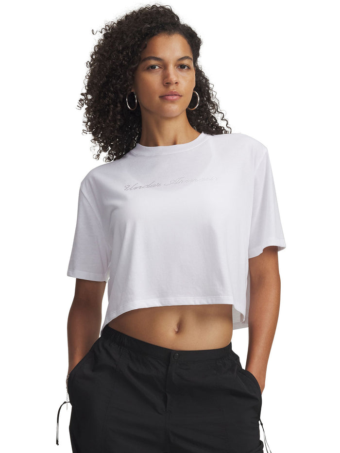 UA W Wordmark Crop SS Polera Sin Mangas blanco para mujer