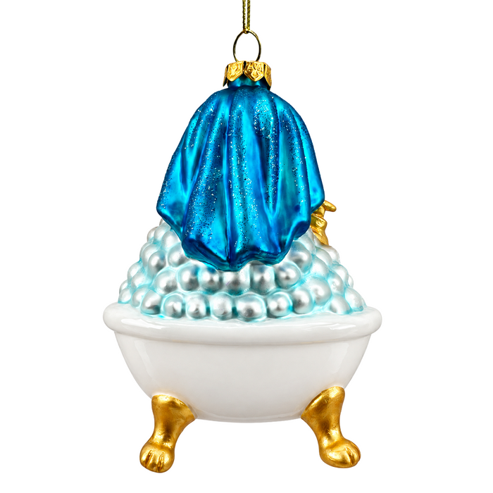 (PRE-ORDER) Spa Cat in Bubble Bath Glass Christmas Ornament, Funny Pampered Kitty Bathroom Holiday Tree Decor