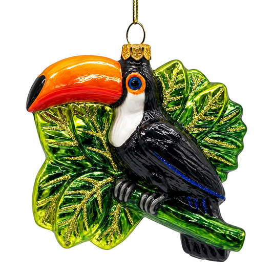 (PRE-ORDER) Toucan with Tropical Leaves Glass Christmas Ornament, Exotic Bird Rainforest Holiday Tree Decor