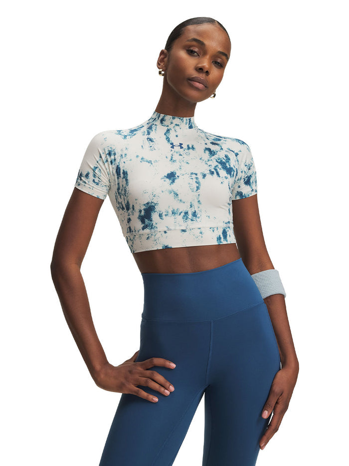UA HeatGear Print Crop Mock SS Primera Capa Superior blanco para mujer
