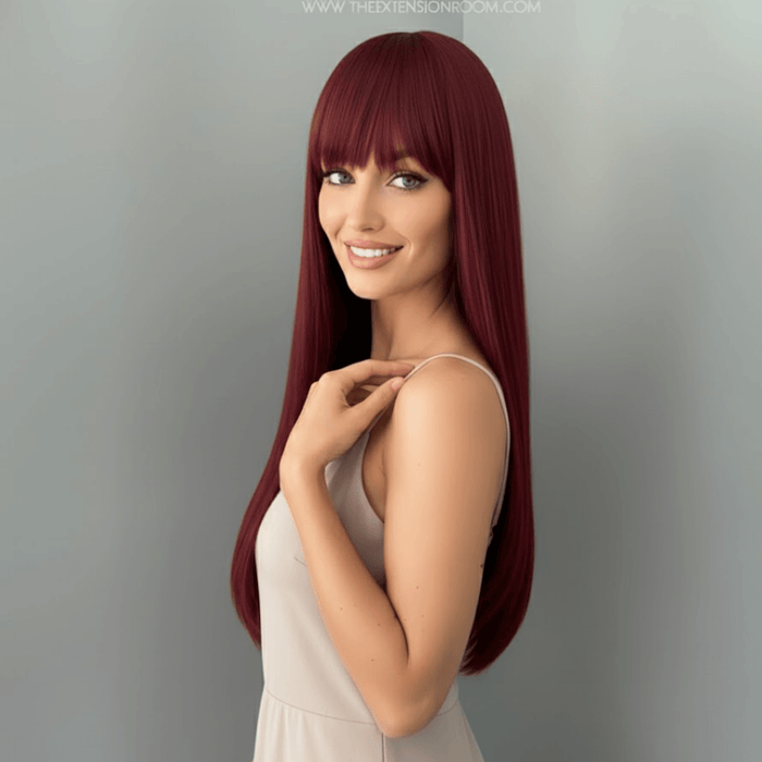 A woman with long, straight, deep burgundy-red hair with straight bangs, wearing a light beige sleeveless dress, posing against a solid gray background.