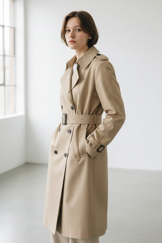 The SAVE THE DUCK - TAYLA TRENCH COAT is a beige water-repellent twill, double-breasted trench with a belted waist, wide lapels, epaulets, and buttoned sleeve cuffs, shown against a plain light gray background.