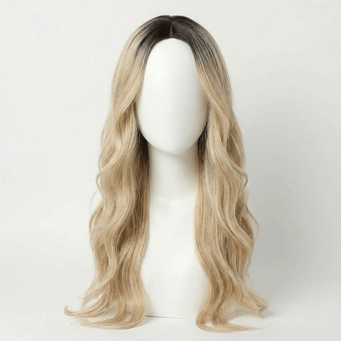 Shannon Long Blonde Lace Front Wig featuring soft waves and natural roots for a glamorous look.