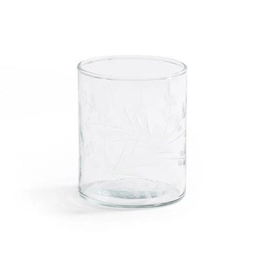 The ZODAX SHIRAZ TUMBLER features an etched flower design on its clear cylindrical surface, displayed against a plain white background.