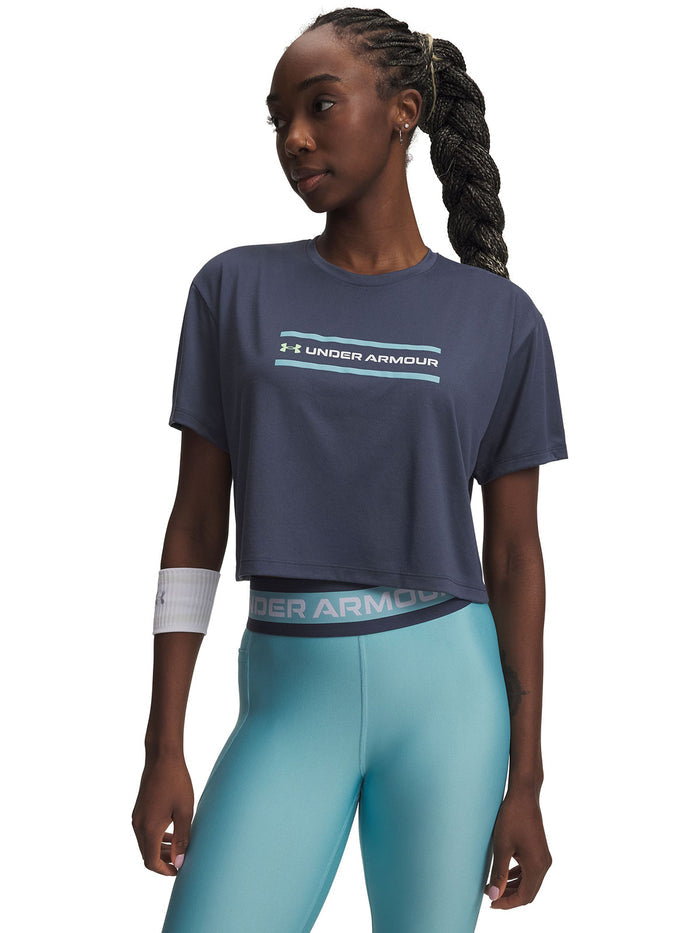 UA Tech Branded Crop SS Polera Manga Corta gris para mujer
