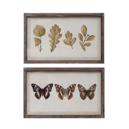 The CREATIVE COOP WOOD-FRAMED WALL ART WITH BOTANICALS OR BUTTERFLIES, MEDIUM, showcases four unique pressed leaves on a light background, adding rustic, vintage charm to any nature-inspired space.