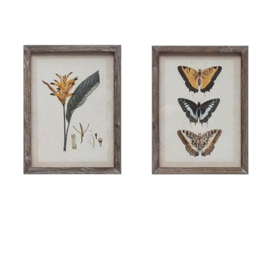 The CREATIVE COOP Wood-Framed Wall Art with Botanicals or Butterflies, Small, showcases a vintage botanical illustration of a yellow-orange flower and green leaves—timeless wall art displayed against a white background.