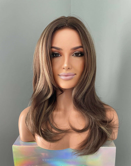 Yaz Brown Layered Wig with Blonde Highlights, featuring soft layers and face-framing highlights for a natural look.